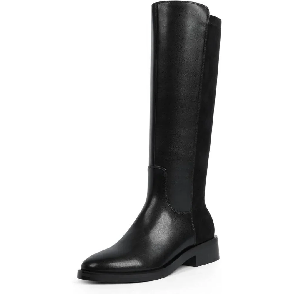 Women Polyurethane Stretch-black Round Toe Flat Heel Side Zipper Knee High Boots